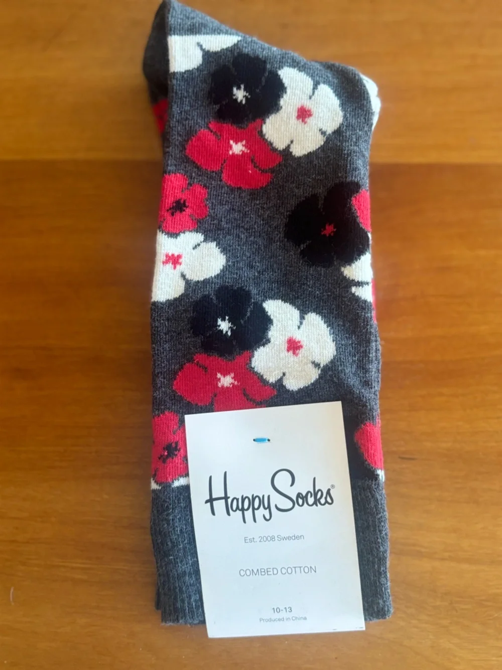 NWT Happy Socks Men's Gray Floral Crew Socks - Gray/Red/White SZ 10-13